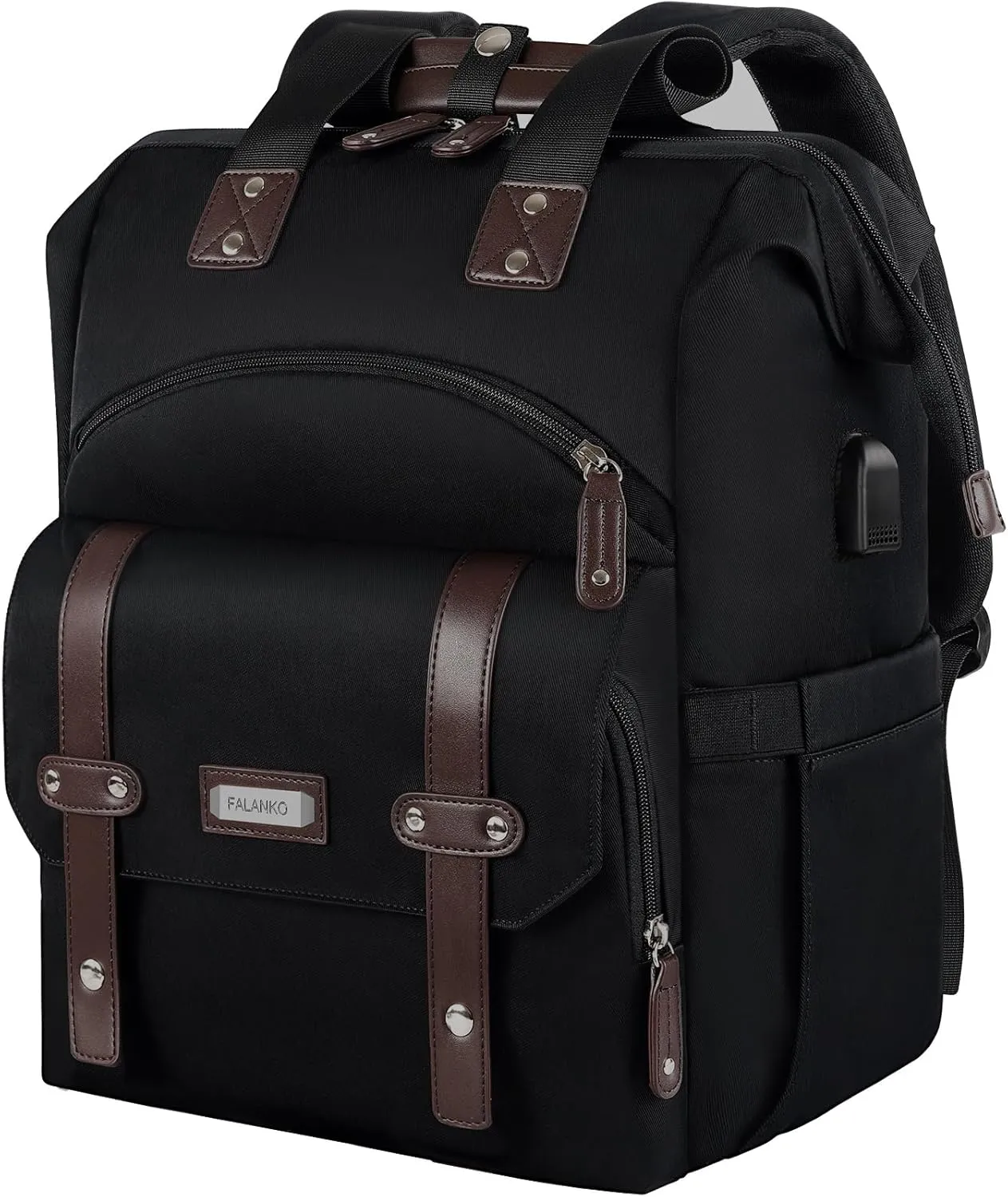 FALANKO Laptop Backpack For Women, Work Doctor Teacher Nurse Wide Open College 15.6 Inch Laptops Backpack Purse with USB Charging Port, Travel Water Resistant RFID Computer Bag for Men Women Black