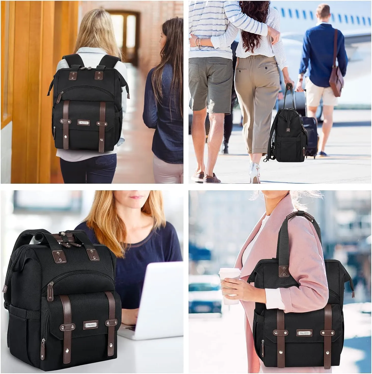 FALANKO Laptop Backpack For Women, Work Doctor Teacher Nurse Wide Open College 15.6 Inch Laptops Backpack Purse with USB Charging Port, Travel Water Resistant RFID Computer Bag for Men Women Black