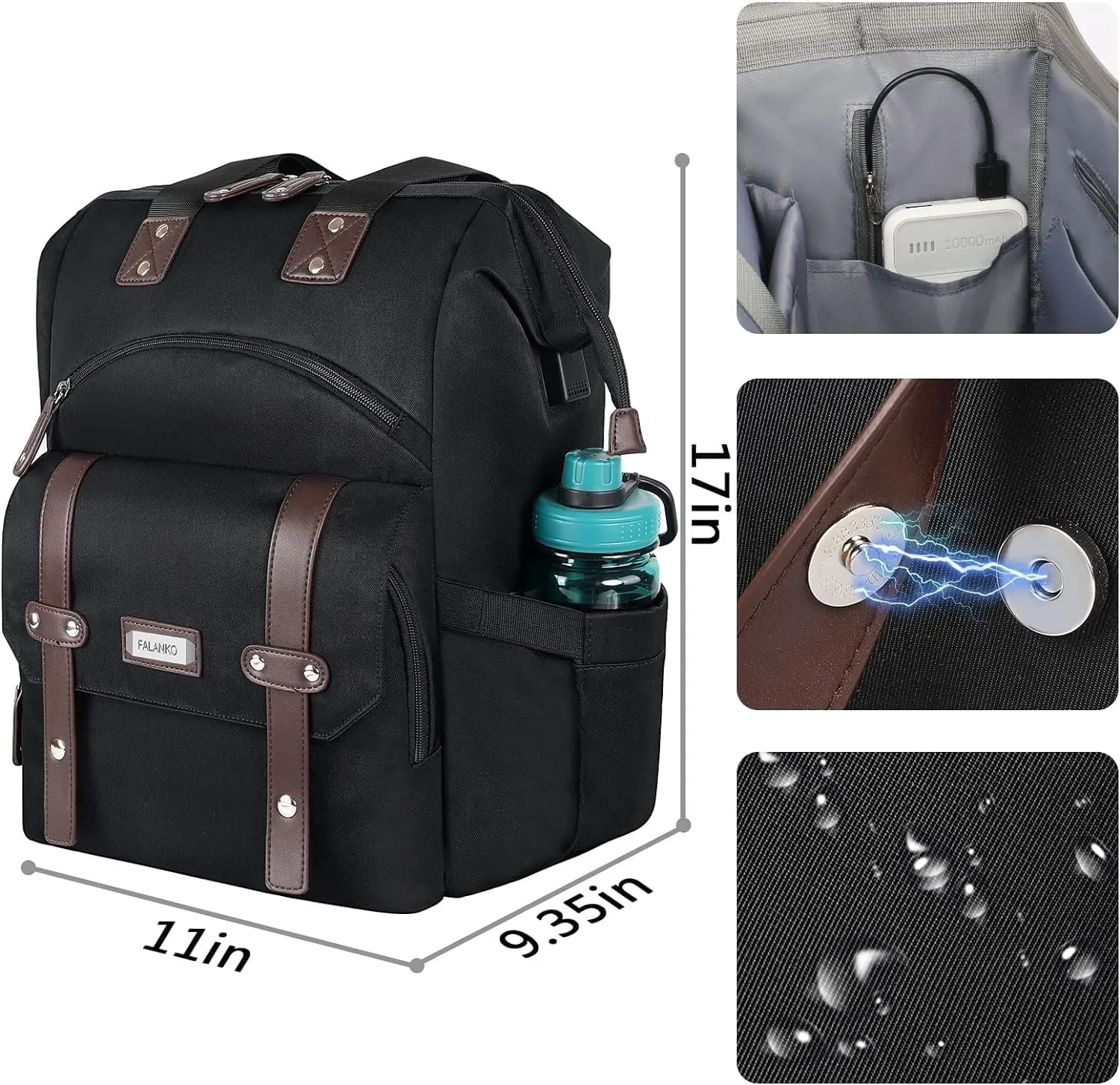 FALANKO Laptop Backpack For Women, Work Doctor Teacher Nurse Wide Open College 15.6 Inch Laptops Backpack Purse with USB Charging Port, Travel Water Resistant RFID Computer Bag for Men Women Black