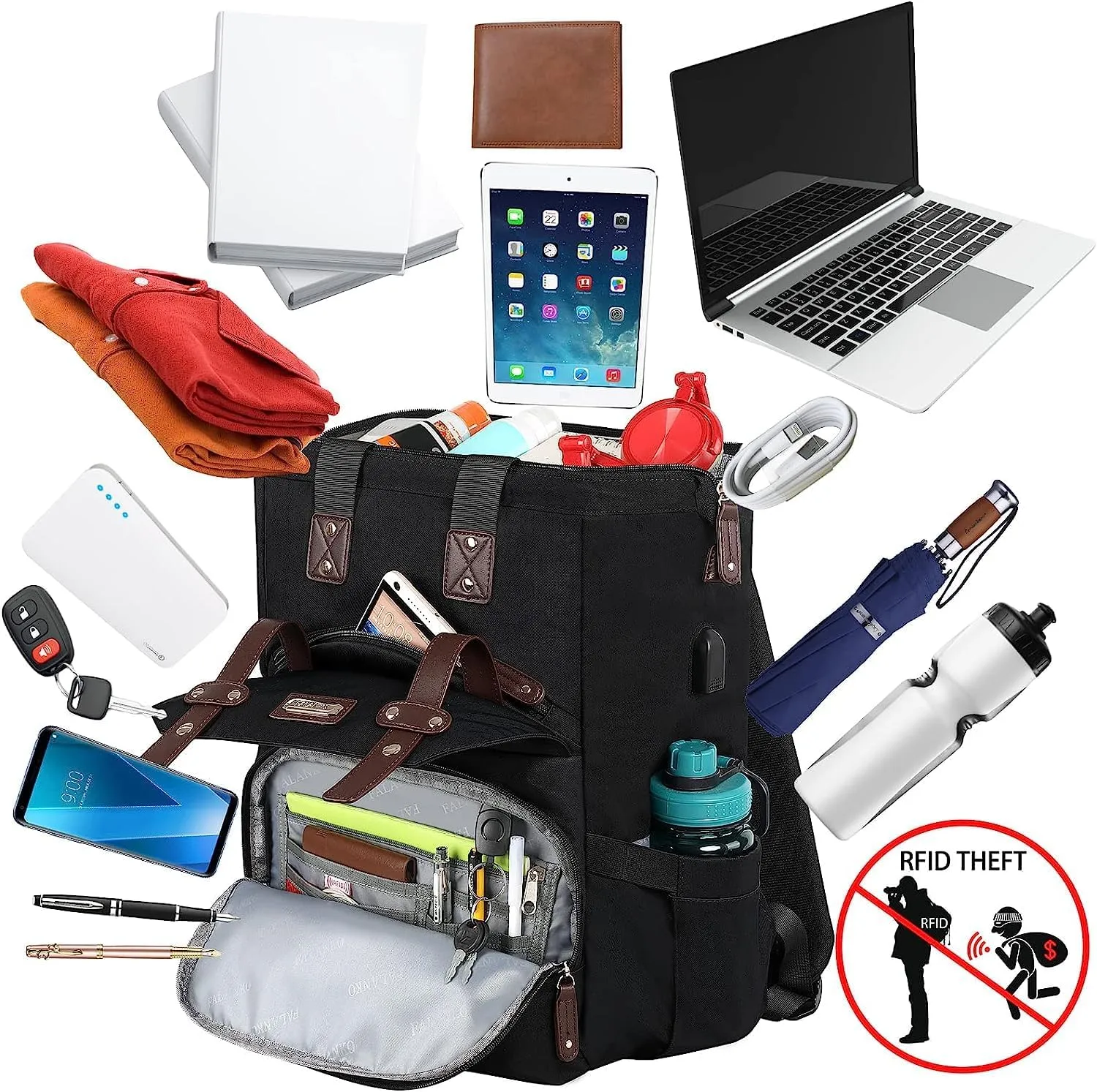 FALANKO Laptop Backpack For Women, Work Doctor Teacher Nurse Wide Open College 15.6 Inch Laptops Backpack Purse with USB Charging Port, Travel Water Resistant RFID Computer Bag for Men Women Black