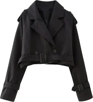 Faleave Womens Cropped Jacket Long Sleeve Belted Trench Coat Solid Color