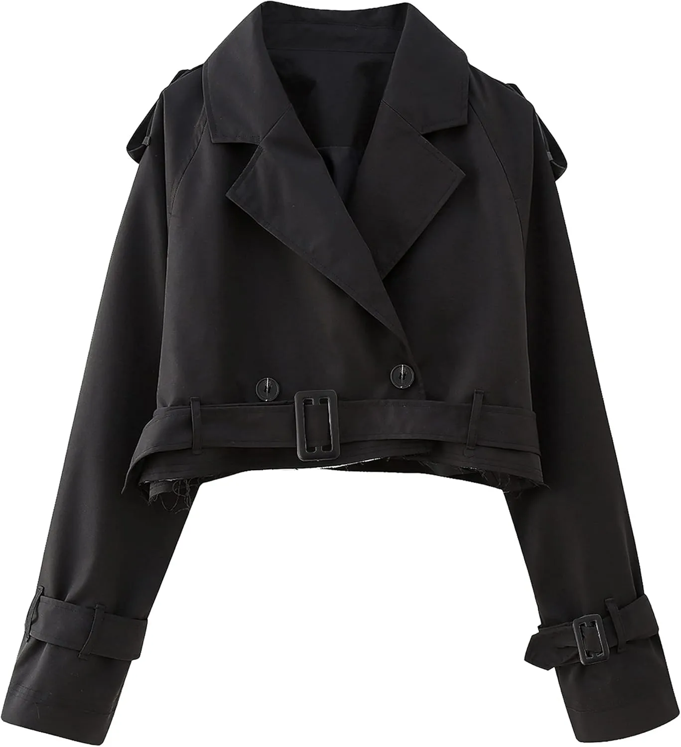 Faleave Womens Cropped Jacket Long Sleeve Belted Trench Coat Solid Color