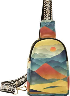 Fanciful Mountains Print Women Sling Bag with Adjustable Strap Zipper Closure, PU Leather Water Resistant Crossbody Bag Purse Chest Bag