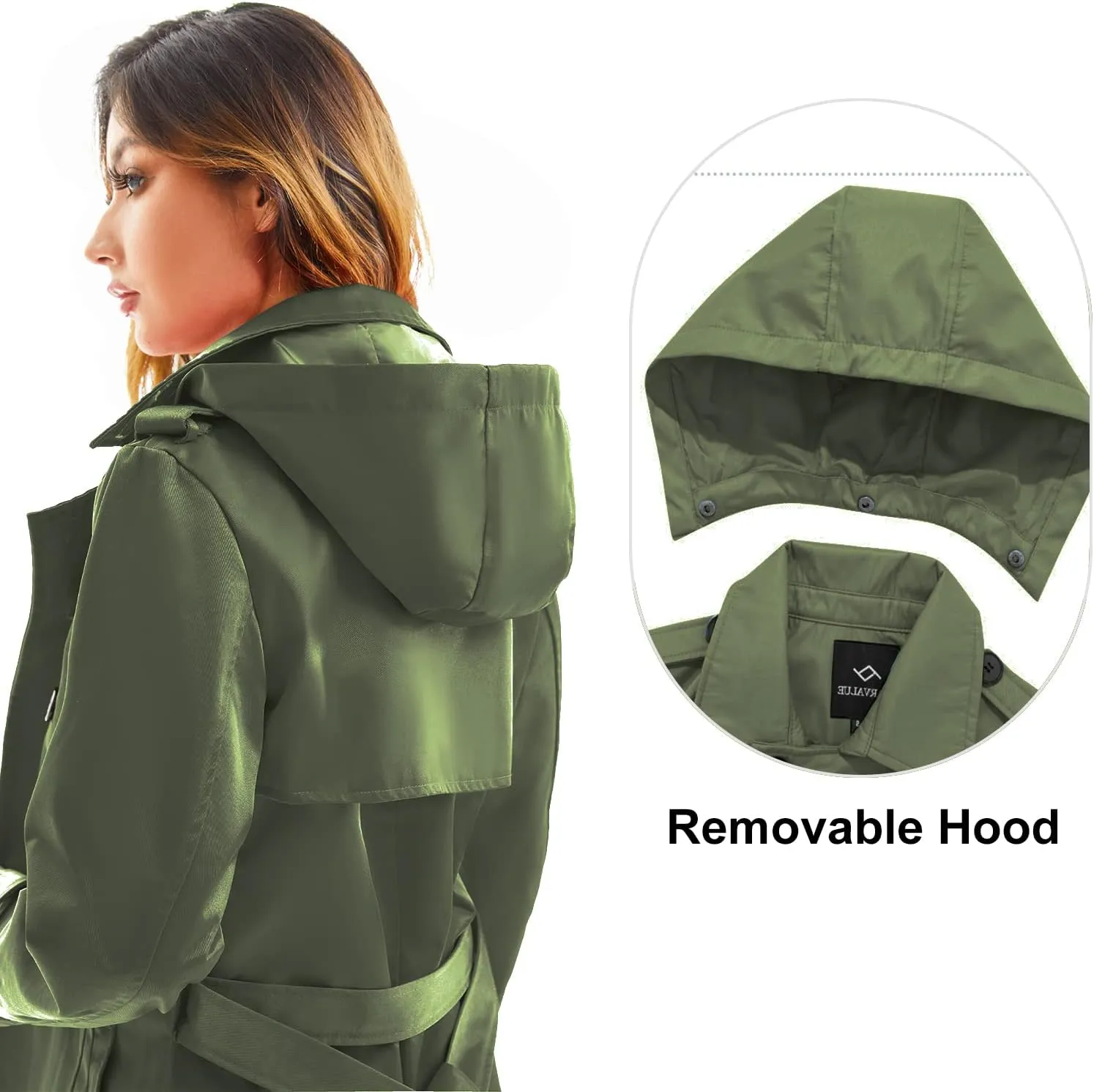 FARVALUE Women's Waterproof Trench Coat Long Double Breasted Windbreaker Classic Belted Lapel Overcoat with Removable Hood