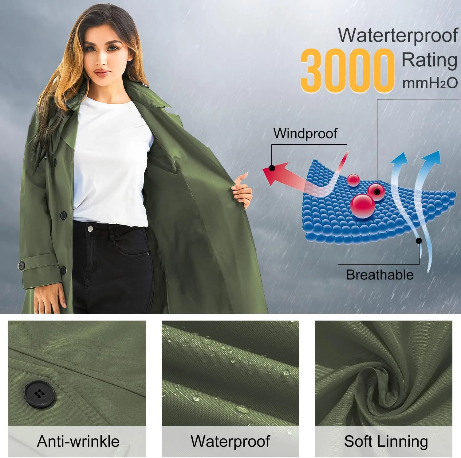 FARVALUE Women's Waterproof Trench Coat Long Double Breasted Windbreaker Classic Belted Lapel Overcoat with Removable Hood