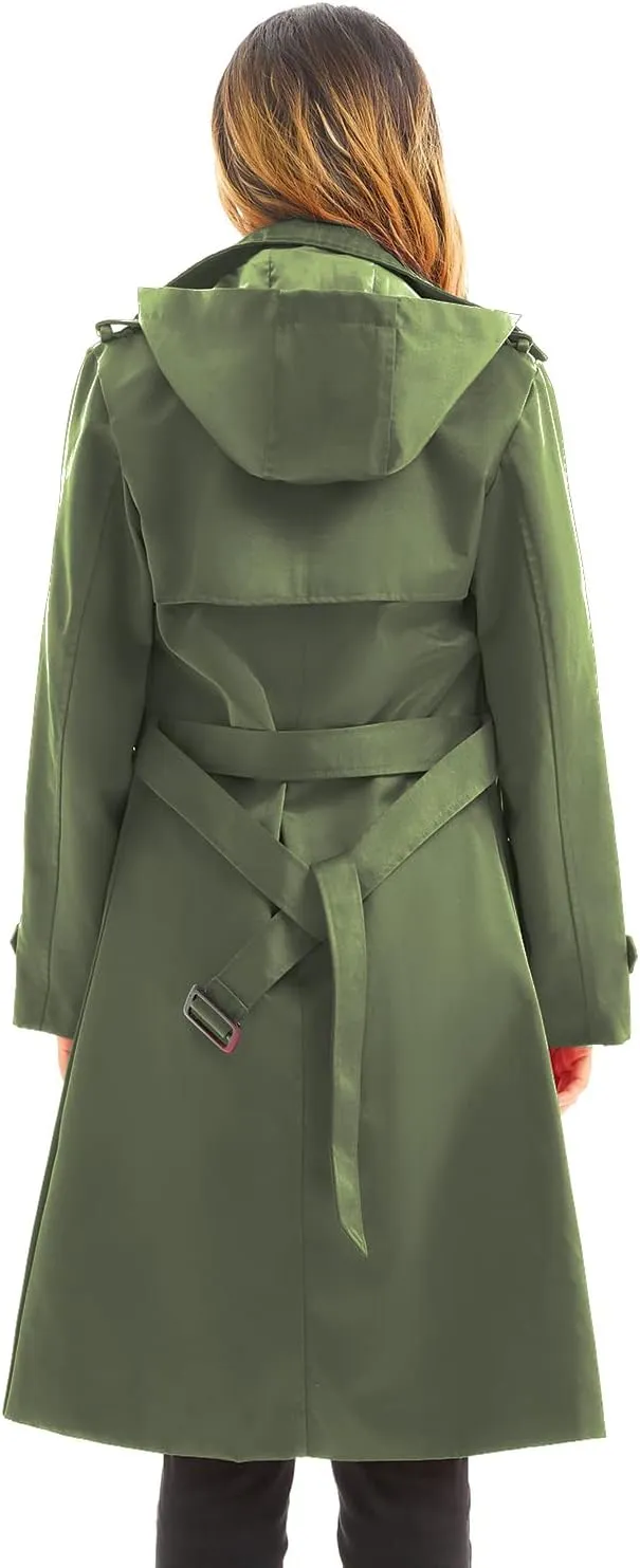 FARVALUE Women's Waterproof Trench Coat Long Double Breasted Windbreaker Classic Belted Lapel Overcoat with Removable Hood