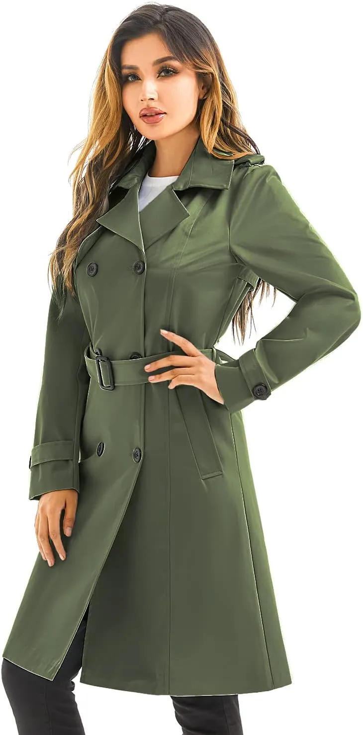 FARVALUE Women's Waterproof Trench Coat Long Double Breasted Windbreaker Classic Belted Lapel Overcoat with Removable Hood