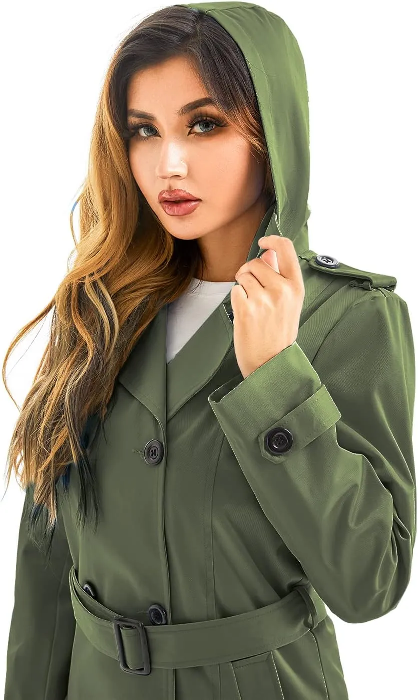 FARVALUE Women's Waterproof Trench Coat Long Double Breasted Windbreaker Classic Belted Lapel Overcoat with Removable Hood