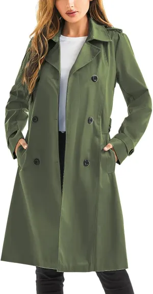 FARVALUE Women's Waterproof Trench Coat Long Double Breasted Windbreaker Classic Belted Lapel Overcoat with Removable Hood