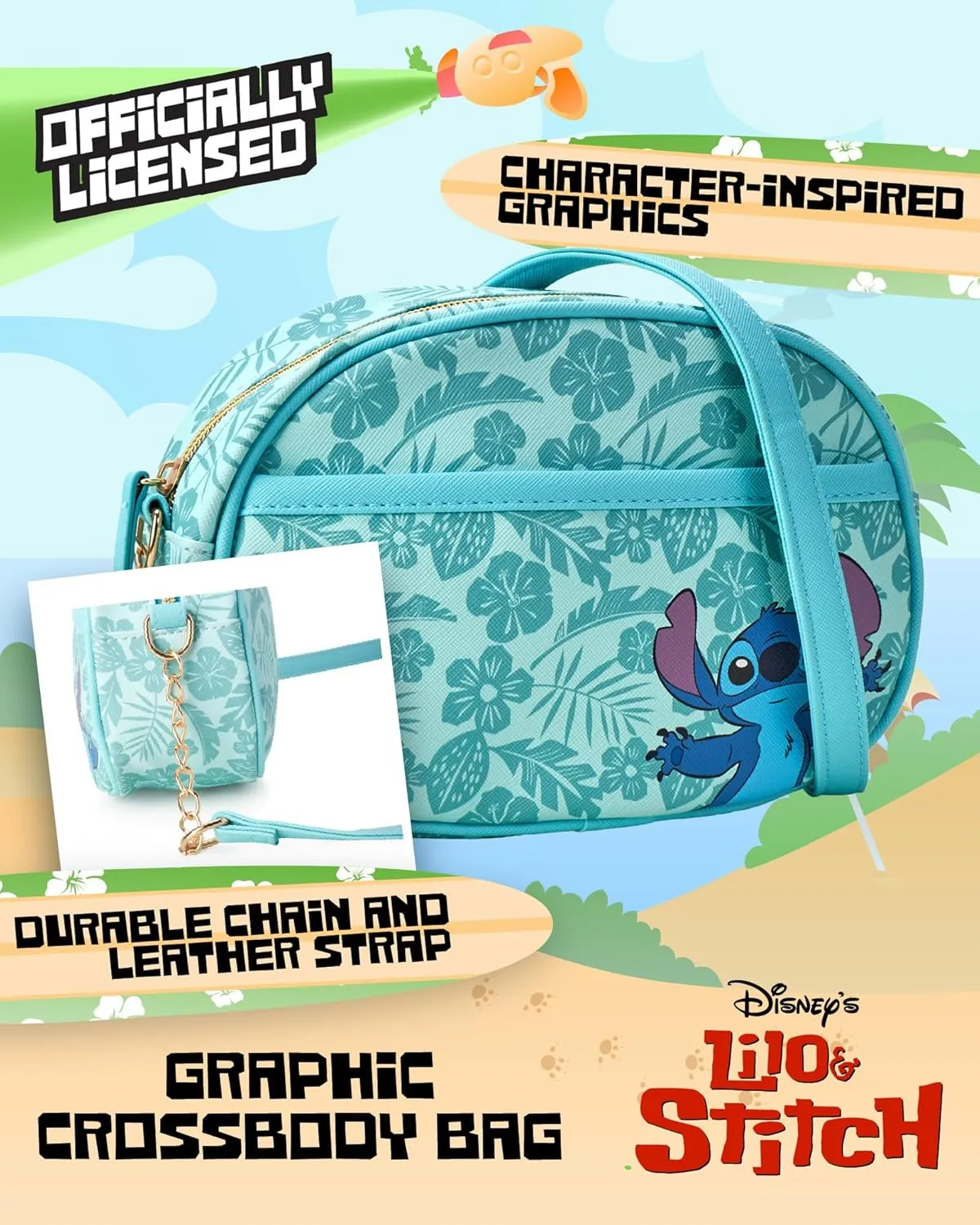Fast Forward Girls Purse - Hello Kitty, Minnie Mouse, Stitch, Descendants, and Bluey - Cute Girls Bag with Adjustable Strap, Size One Size, Stitch Blue