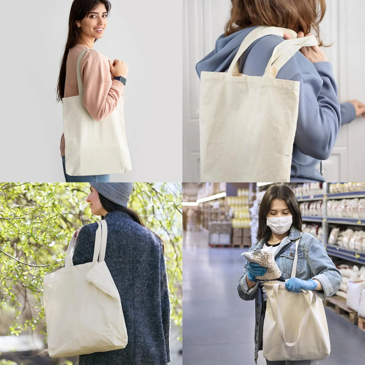 Faylapa 6 Pcs Canvas Tote Bags,Heavy Duty and Strong Easter Hunter Bag Shopping Grocery Bag Blank Cotton Bags for Decorating Crafts DIY,Painting (Beige, 13.6"x 15.3")