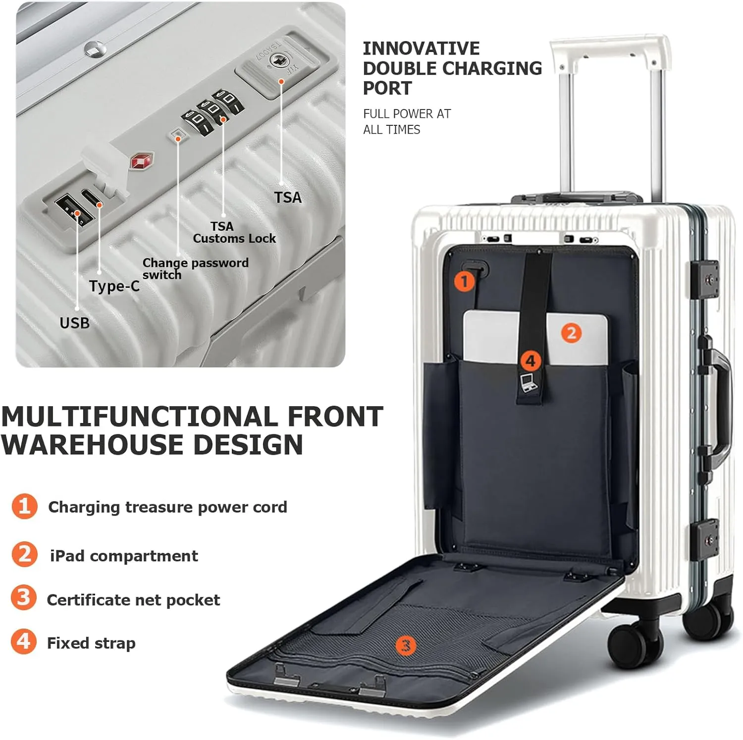 feilario 20in Aluminium Frame Hardside Spinner Wheel Luggage, Built-In TSA lock Carry on Suitcase, with Cup Holder & USB Port & Phone Holder
