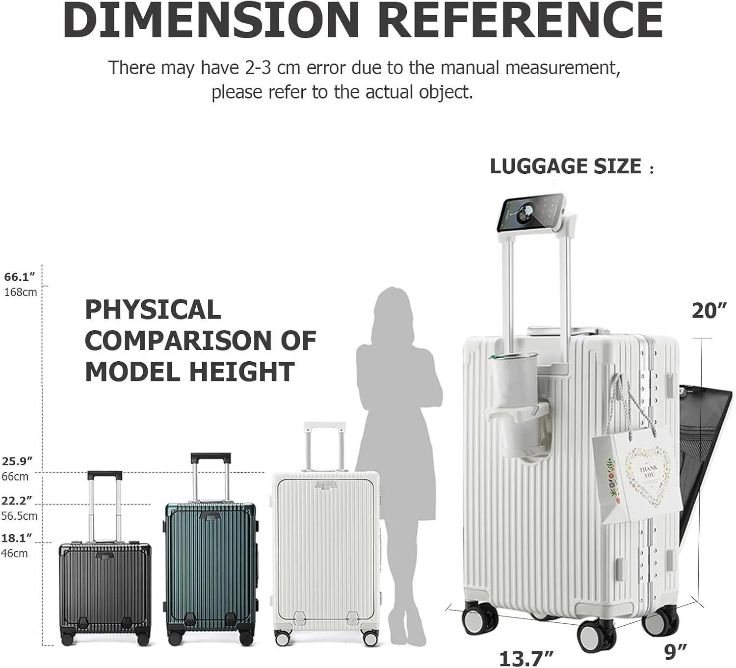 feilario 20in Aluminium Frame Hardside Spinner Wheel Luggage, Built-In TSA lock Carry on Suitcase, with Cup Holder & USB Port & Phone Holder