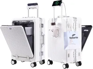 feilario 20in Aluminium Frame Hardside Spinner Wheel Luggage, Built-In TSA lock Carry on Suitcase, with Cup Holder & USB Port & Phone Holder