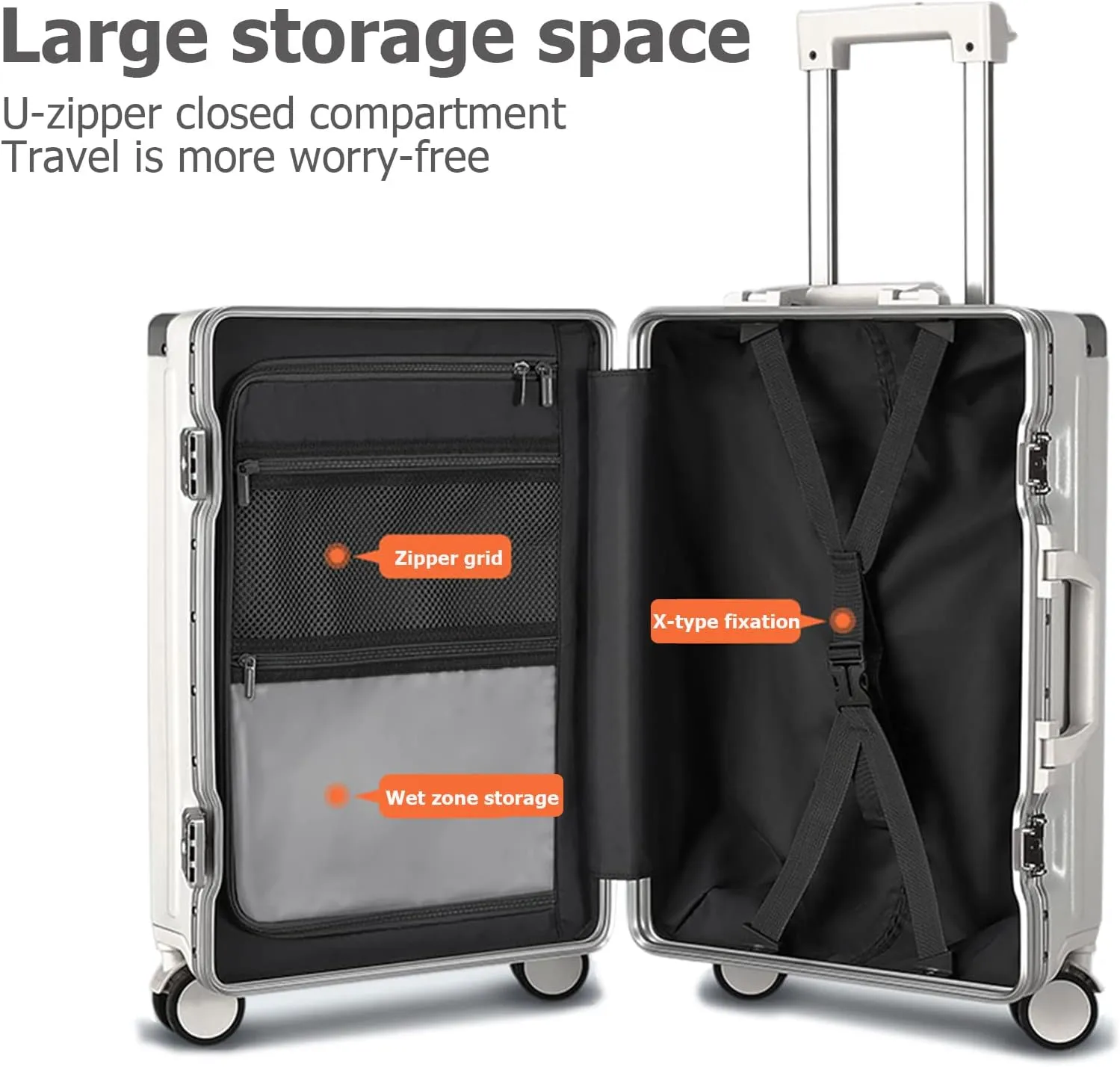 feilario 20in Aluminium Frame Hardside Spinner Wheel Luggage, Built-In TSA lock Carry on Suitcase, with Cup Holder & USB Port & Phone Holder