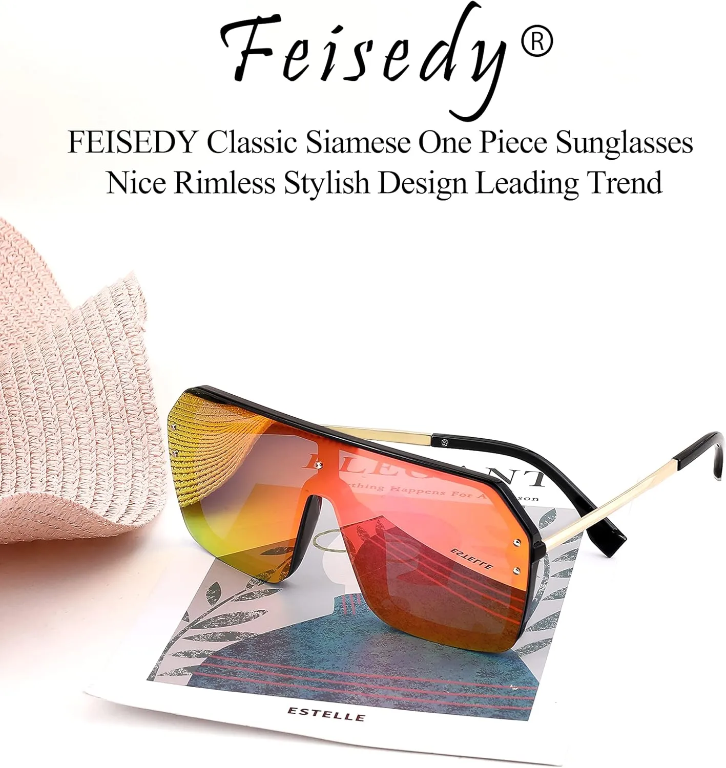 FEISEDY Classic Siamese One Piece Sunglasses Nice Rimless Stylish Retro Design for Women Men B2574