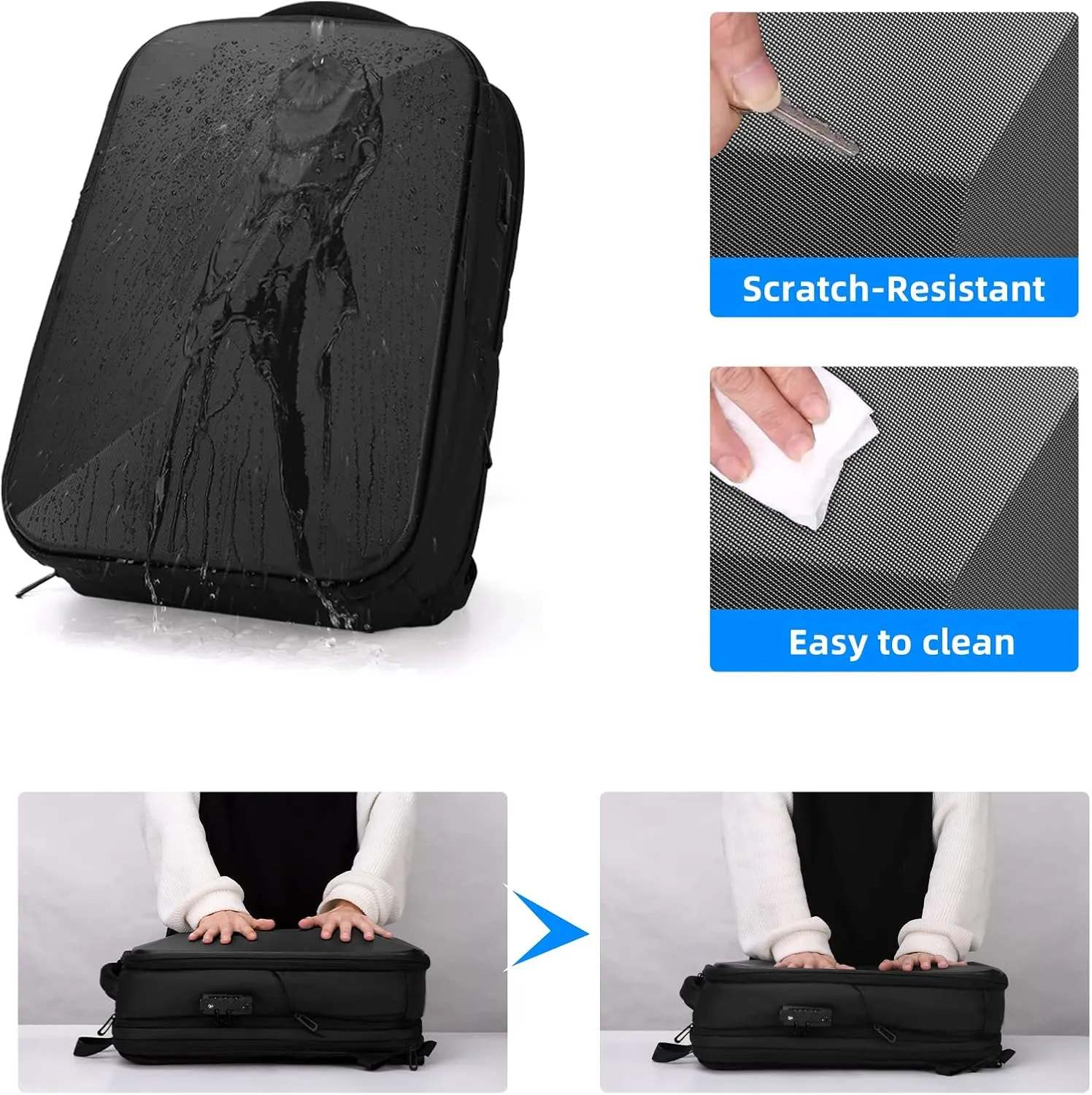 FENRUIEN Anti Theft Laptop Backpack for Men, Expandable Water Resistant Hardshell Backpack with USB Port, Black Business Travel Computer Bag 15.6 Inch