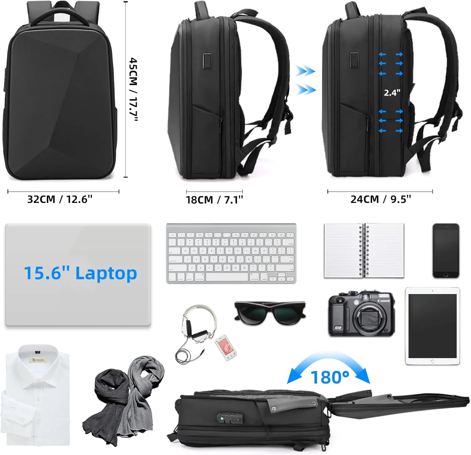 FENRUIEN Anti Theft Laptop Backpack for Men, Expandable Water Resistant Hardshell Backpack with USB Port, Black Business Travel Computer Bag 15.6 Inch