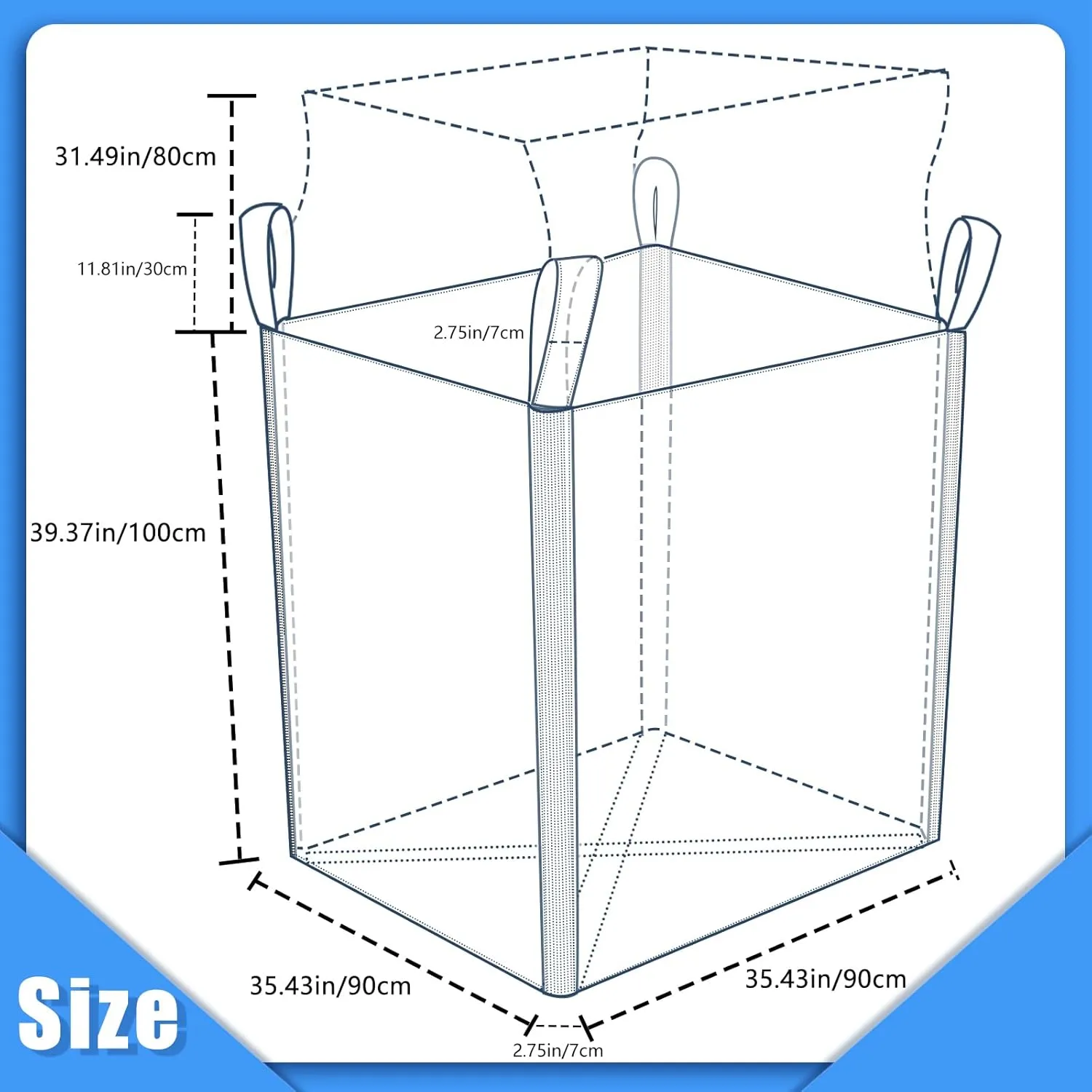 FIBC Bulk Bag - 4400 lbs Capacity, 35x35x43 inches, Polypropylene (PP), Open Top, White, Rectangular, Reusable, 1-Pack
