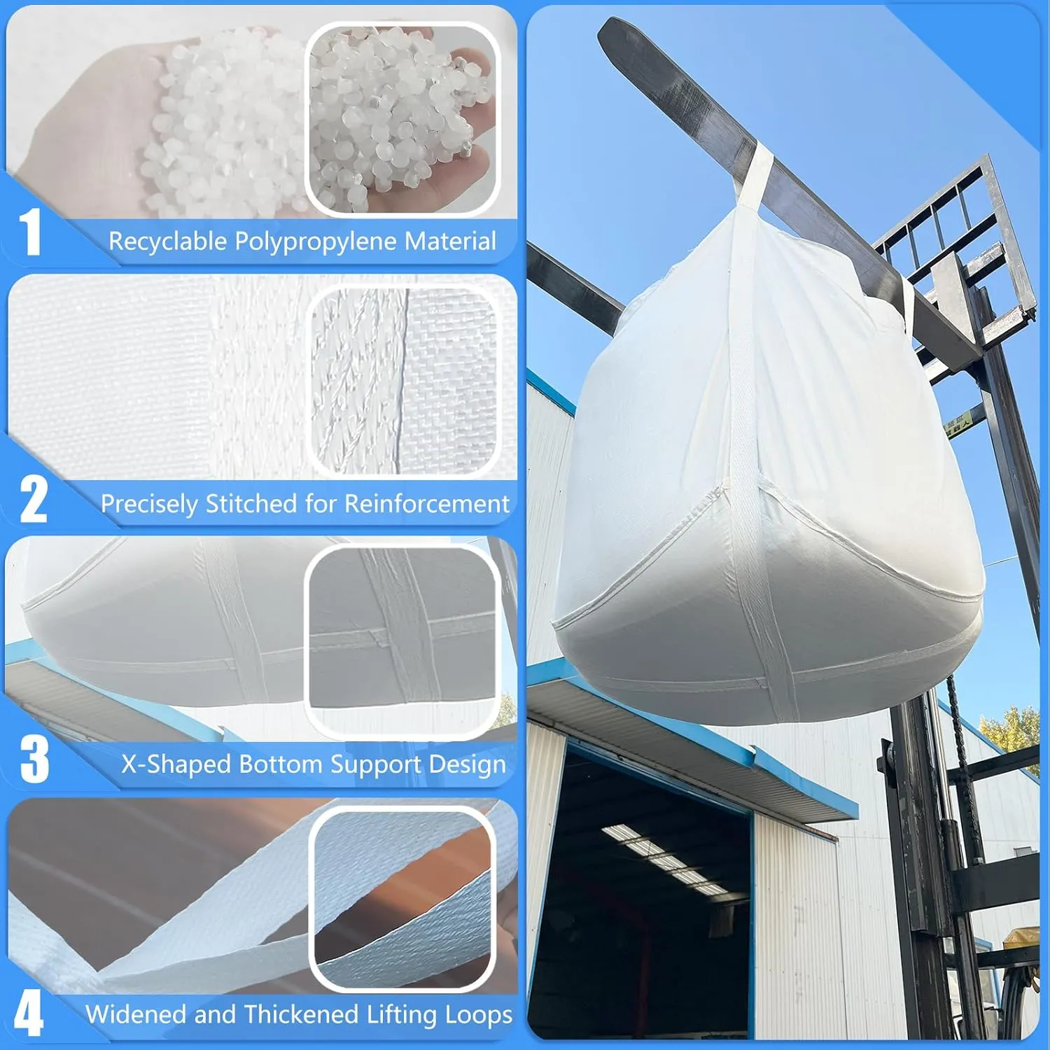 FIBC Bulk Bag - 4400 lbs Capacity, 35x35x43 inches, Polypropylene (PP), Open Top, White, Rectangular, Reusable, 1-Pack