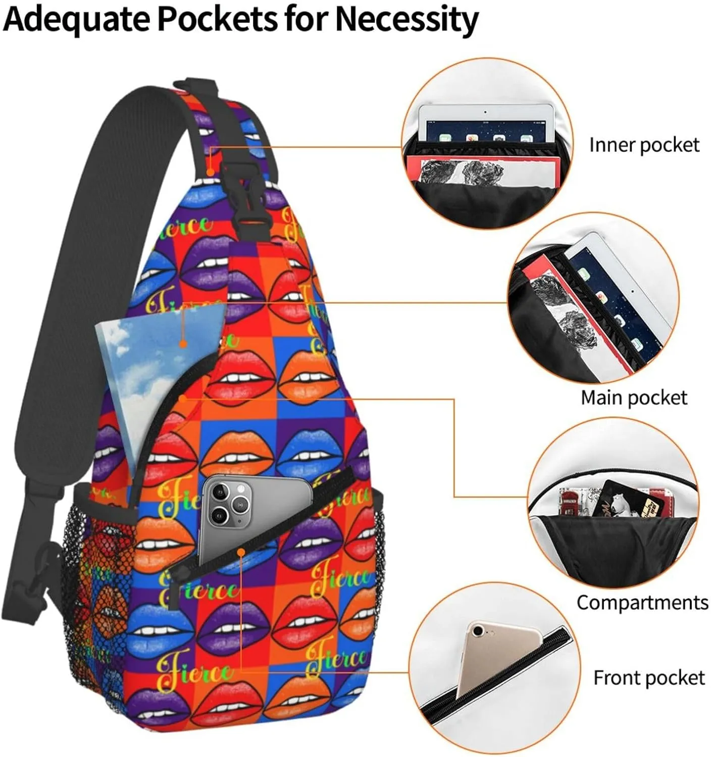 Fierce Rainbow Lips Chest Sling Bag Crossbody Shoulder Backpack Bag Gym Cycling Daypack Travel Hiking Cross Bag