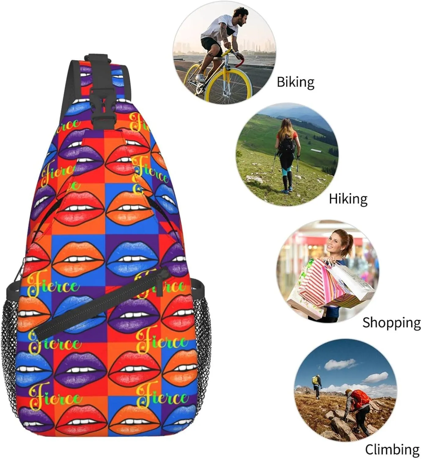 Fierce Rainbow Lips Chest Sling Bag Crossbody Shoulder Backpack Bag Gym Cycling Daypack Travel Hiking Cross Bag