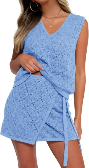 Fisoew Womens 2 Piece Crochet Swimsuit Cover Ups Sleeveless V Neck Tank Tops Wrap Skirt Sets Beach Vacation Outfits