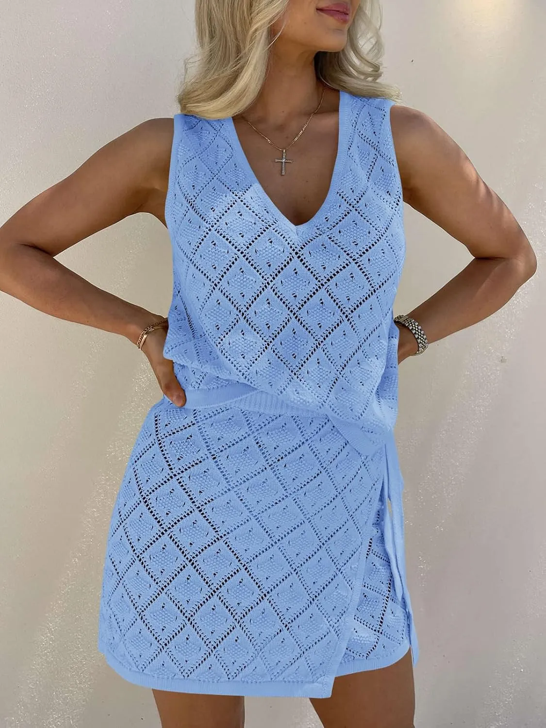 Fisoew Womens 2 Piece Crochet Swimsuit Cover Ups Sleeveless V Neck Tank Tops Wrap Skirt Sets Beach Vacation Outfits
