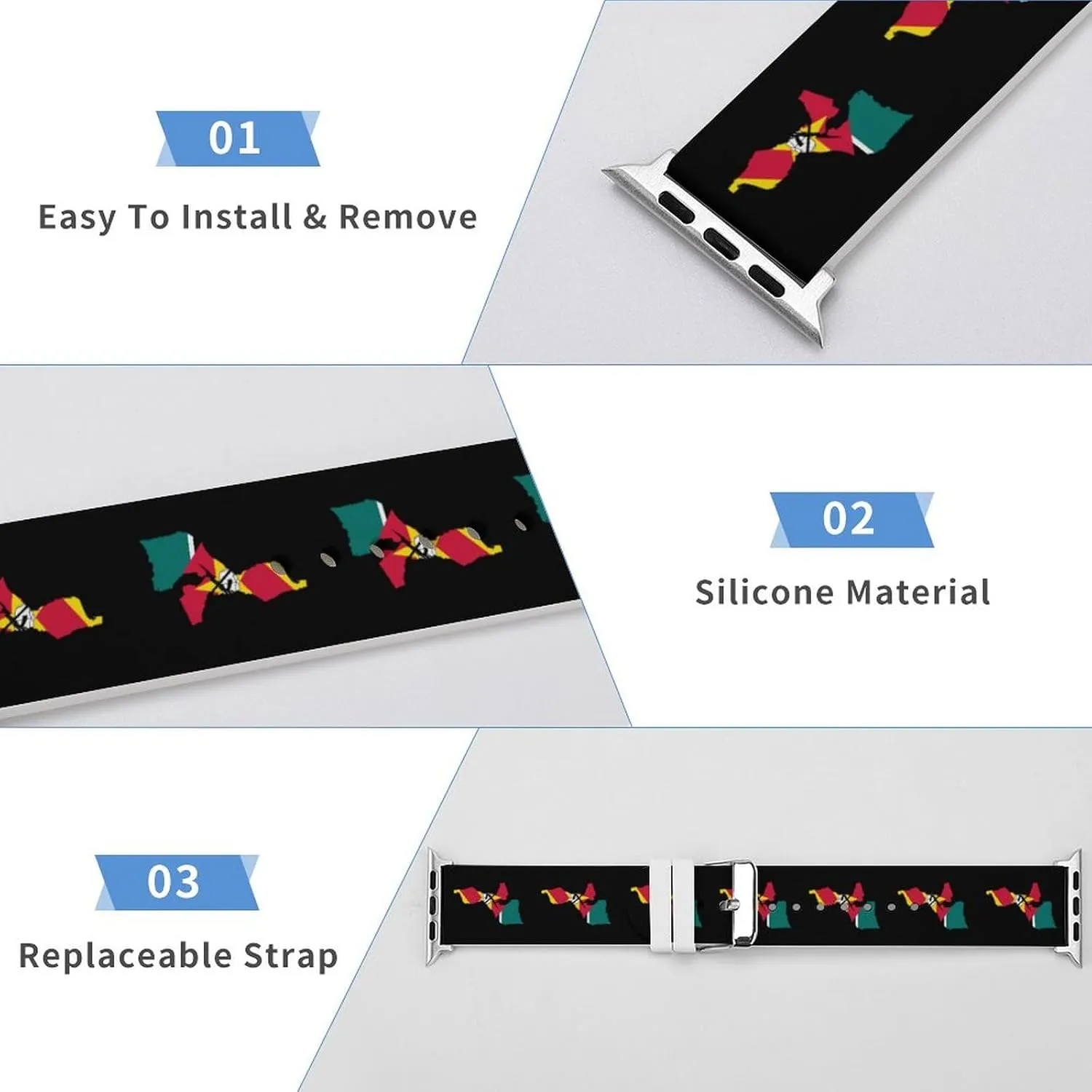Flag Map of Mozambique Adjustable Silicone Watchband Compatible with IWatch Classic Soft Sports Watch Strap for Men Women