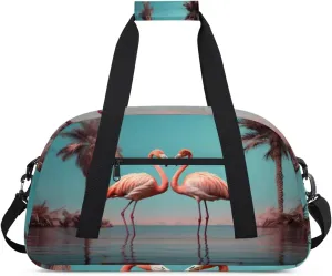Flamingo Couple Gym Duffel Bag for Men Women Tropical Plants Sports Tote Bag with Adjustable Shoulder Strap for Dance Gymnastics Traveling Outdoor Camping Overnight Stay