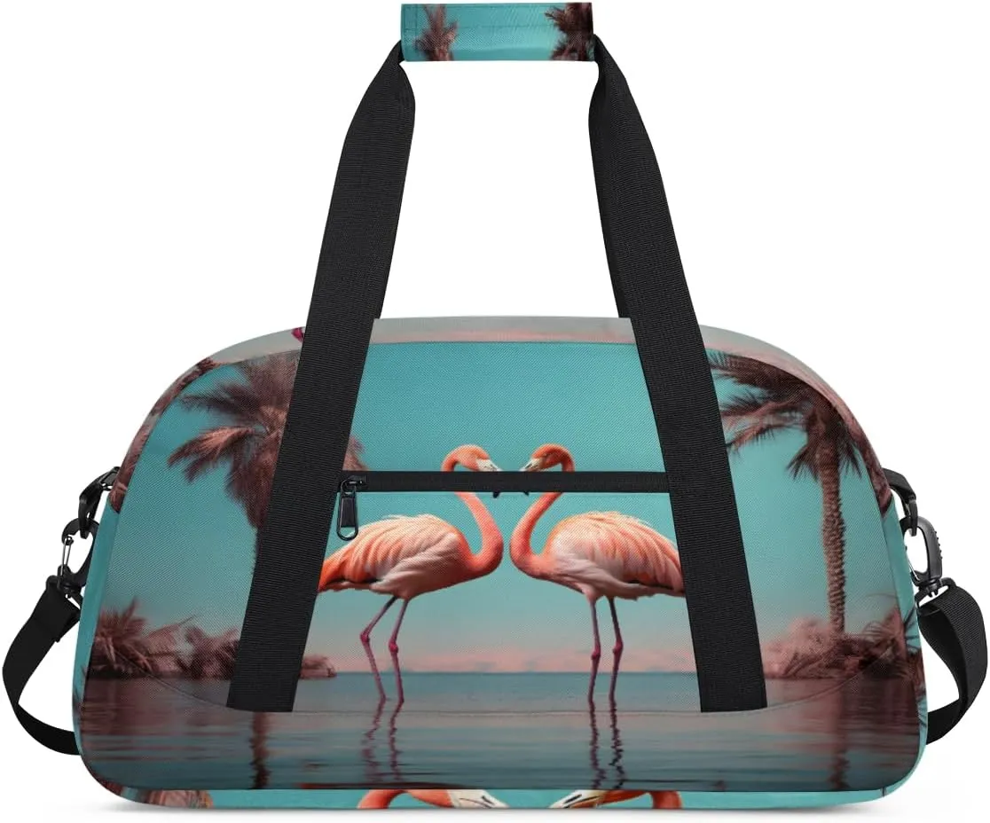 Flamingo Couple Gym Duffel Bag for Men Women Tropical Plants Sports Tote Bag with Adjustable Shoulder Strap for Dance Gymnastics Traveling Outdoor Camping Overnight Stay