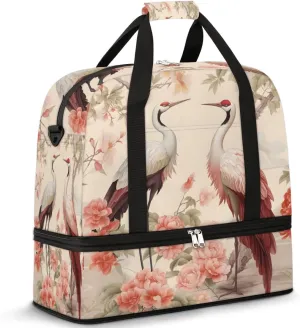 Flower Crane Print Travel Duffel Bag with Foldable Shoe Compartment Shoulder Tote Travel Weekend Bag Sports Gym Overnight Bags