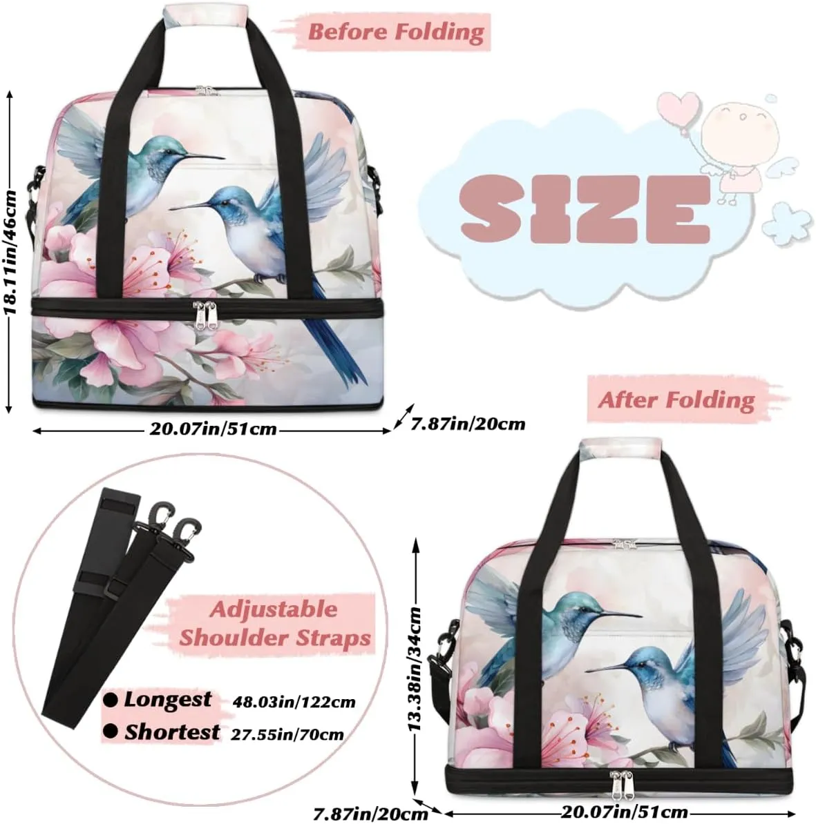 Flower Hummingbird Foldable Travel Duffel Bag Overnight Weekender Bag with Shoes Compartment Sports Gym Bag for Men Women