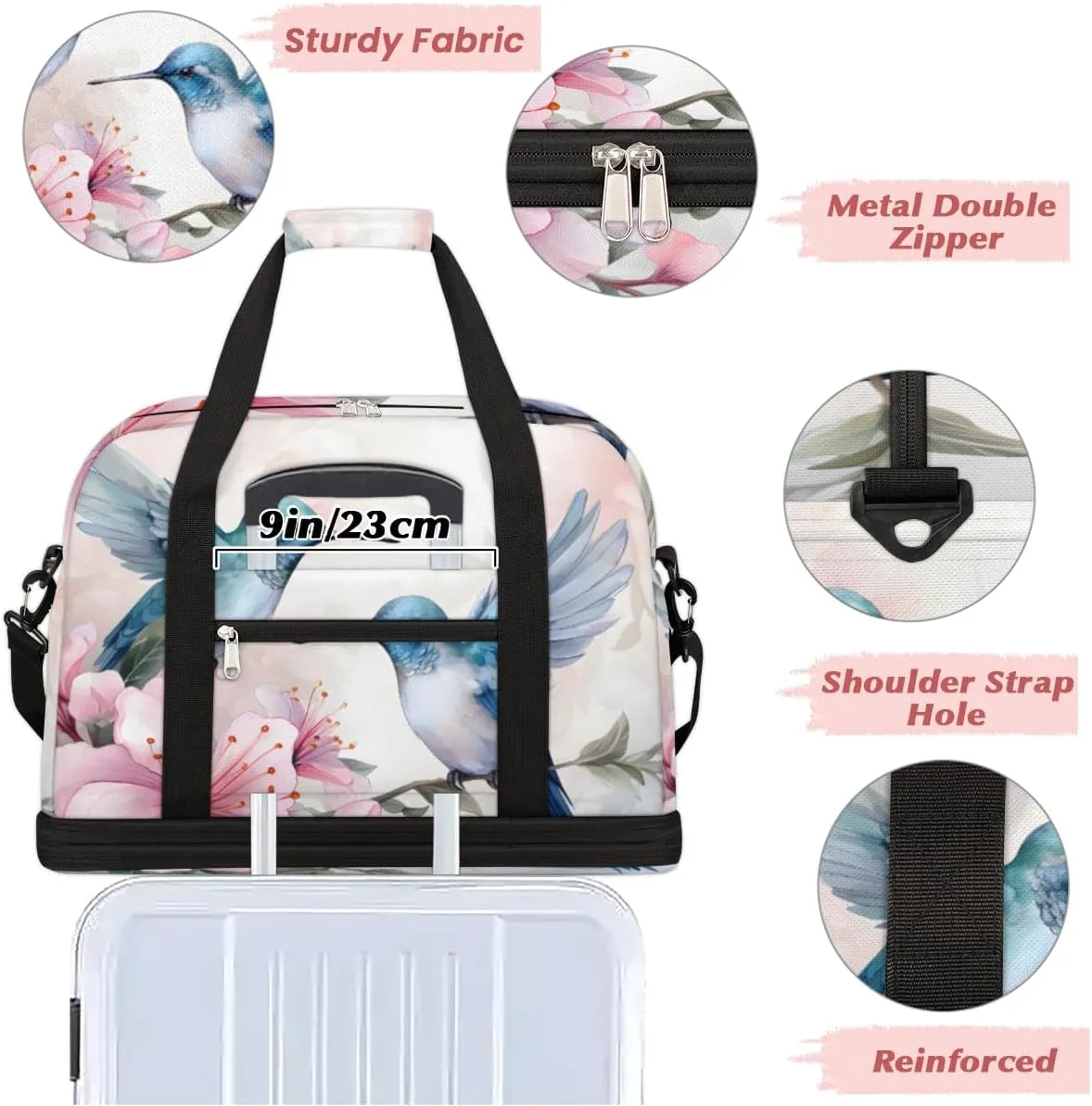Flower Hummingbird Foldable Travel Duffel Bag Overnight Weekender Bag with Shoes Compartment Sports Gym Bag for Men Women