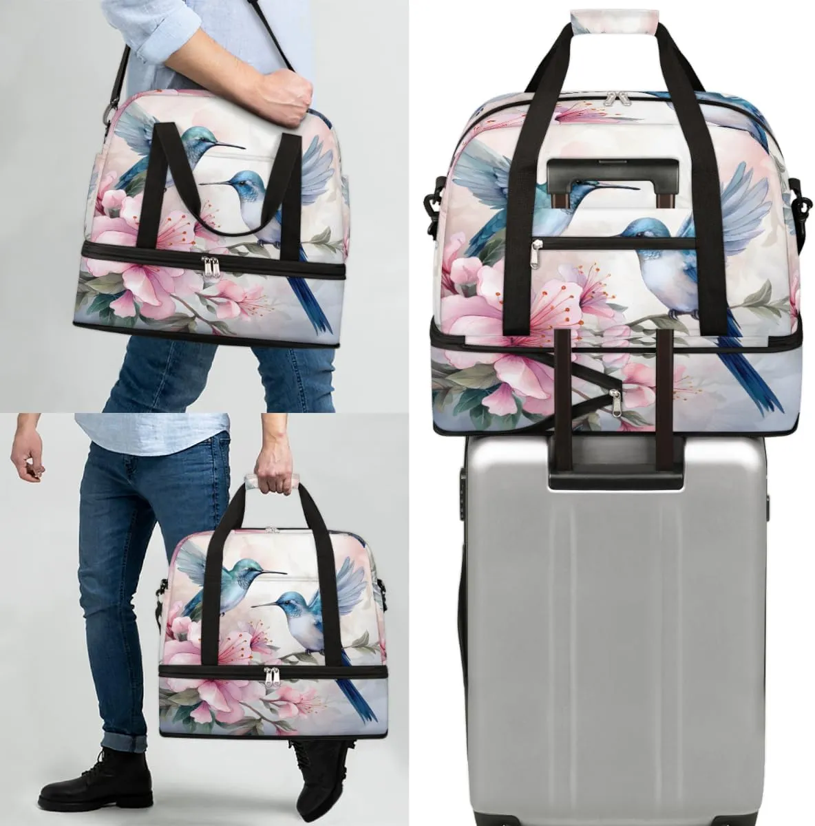 Flower Hummingbird Foldable Travel Duffel Bag Overnight Weekender Bag with Shoes Compartment Sports Gym Bag for Men Women