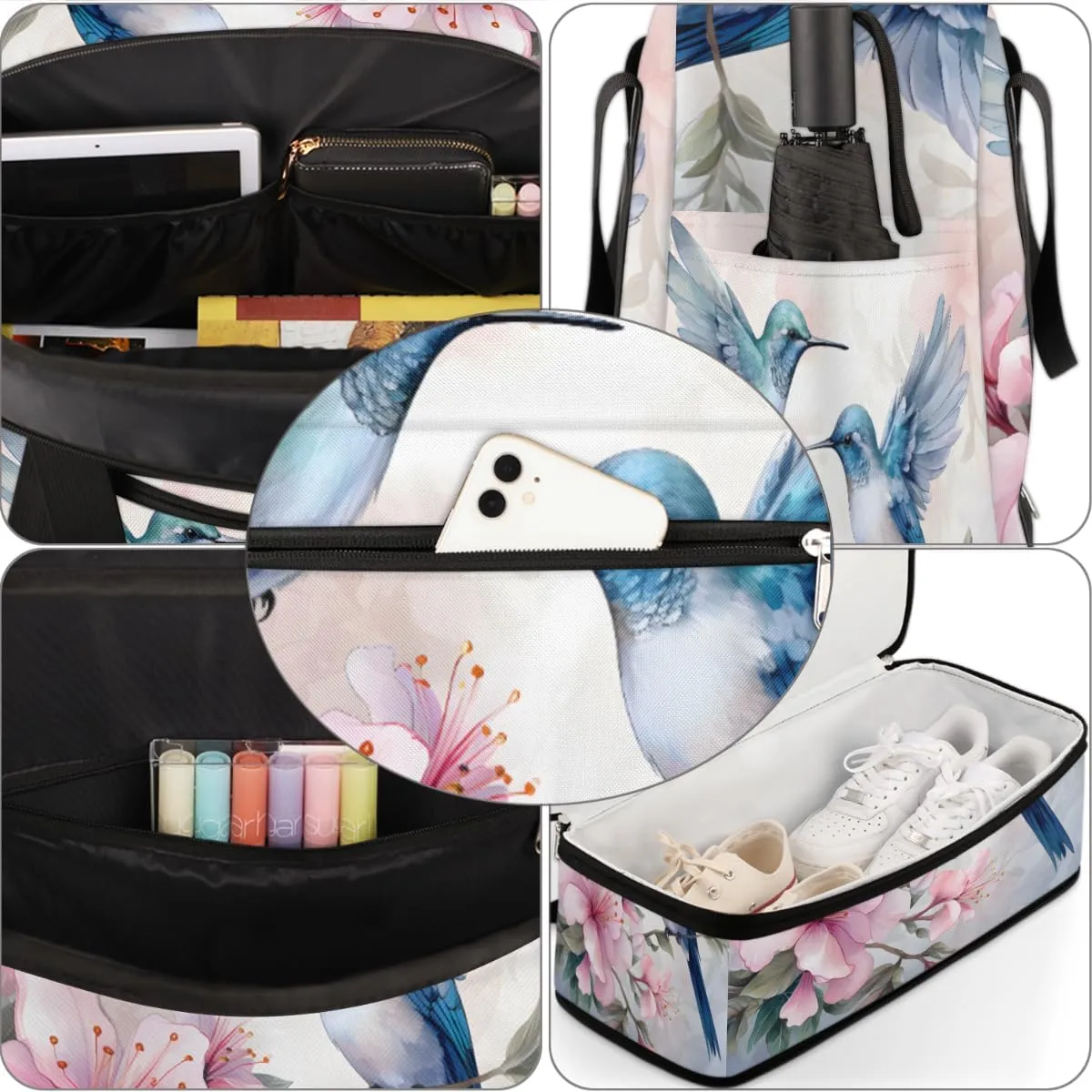 Flower Hummingbird Foldable Travel Duffel Bag Overnight Weekender Bag with Shoes Compartment Sports Gym Bag for Men Women