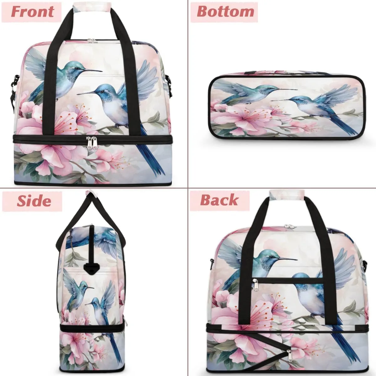 Flower Hummingbird Foldable Travel Duffel Bag Overnight Weekender Bag with Shoes Compartment Sports Gym Bag for Men Women