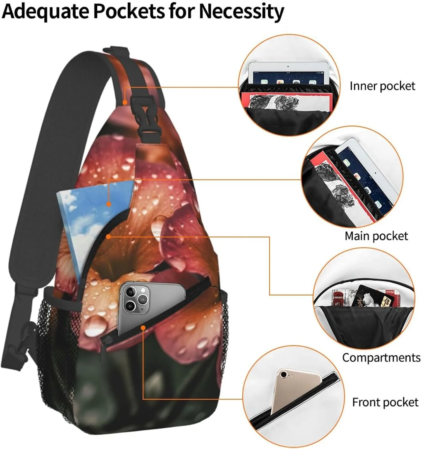 Flower Raindrops Sling Bag Backpack For Men Cross Chest Bag Crossbody Shoulder Bag Travel Hiking Daypack
