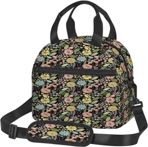 Flower Theme,Insulated Reusable Lunch Bag with Adjustable Shoulder Strap for Adults,Vintage Design Summer Flourishes Petals,Leakproof Office Picnic Hiking Beach Tote Bag,Multicolor,9x5x7.8in