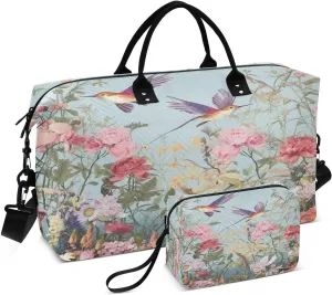 Flowers and Hummingbirds Travel Duffel Bag, Shoulder Weekender Overnight Bags - Large Gym Bag with Wet Pocket