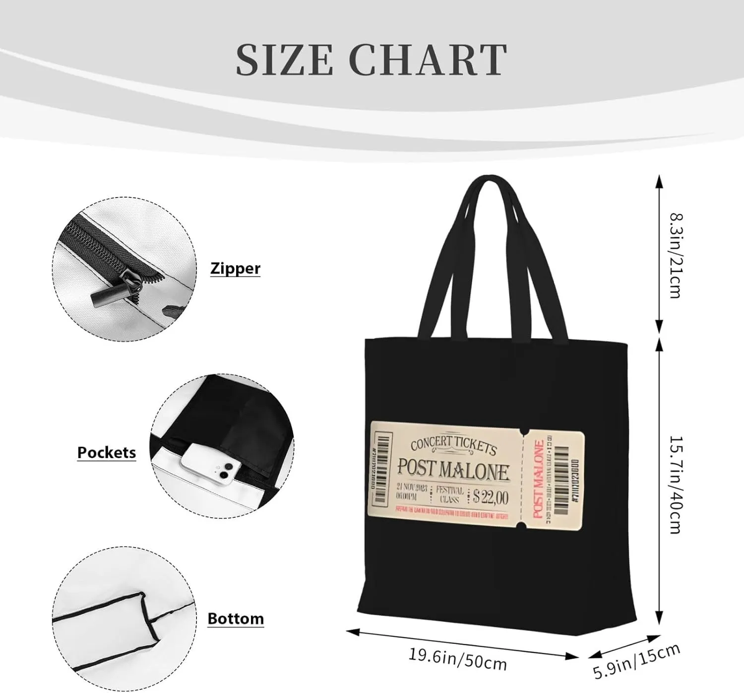 Foldable Reusable Tote Bag With Zipper,Inner Pockets Stylish Canvas Tote Bag Handbag