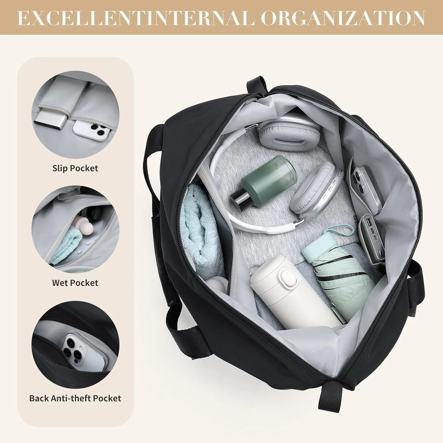 Foldable Travel Duffel Bag Carry On Yoga Tote Duffle Bags for Women Travel Sport Gym Hospital Bag Labor Delivery Overnight Luggage,40L,Black