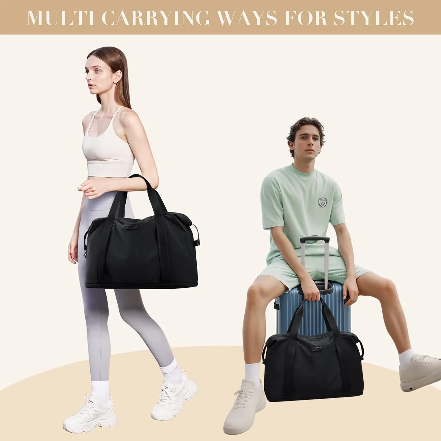 Foldable Travel Duffel Bag Carry On Yoga Tote Duffle Bags for Women Travel Sport Gym Hospital Bag Labor Delivery Overnight Luggage,40L,Black