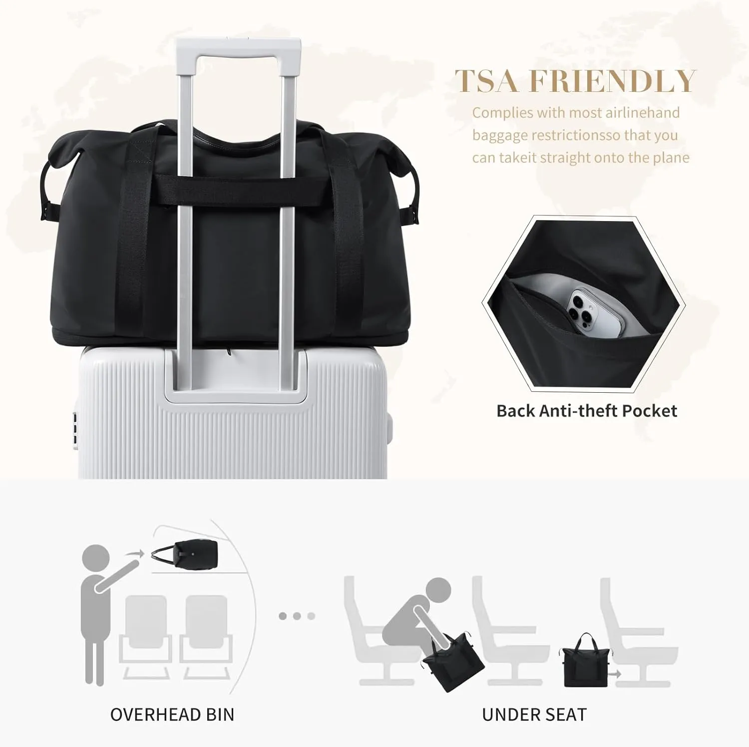 Foldable Travel Duffel Bag Carry On Yoga Tote Duffle Bags for Women Travel Sport Gym Hospital Bag Labor Delivery Overnight Luggage,40L,Black