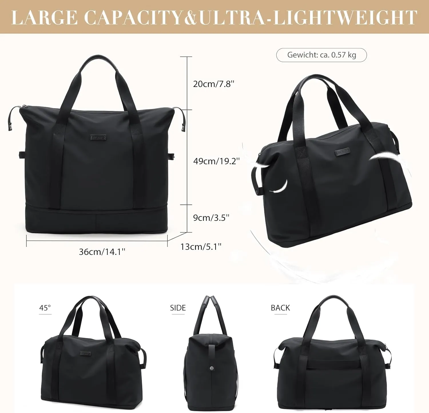 Foldable Travel Duffel Bag Carry On Yoga Tote Duffle Bags for Women Travel Sport Gym Hospital Bag Labor Delivery Overnight Luggage,40L,Black