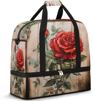 Foldable Travel Duffel Bag for Women, Rose Flower Wood Overnight Weekender Bag Carry on Duffel Bag Luggage Sports Gym Tote Bag with Shoes Compartment, Water Rresistant Shoulder Bag