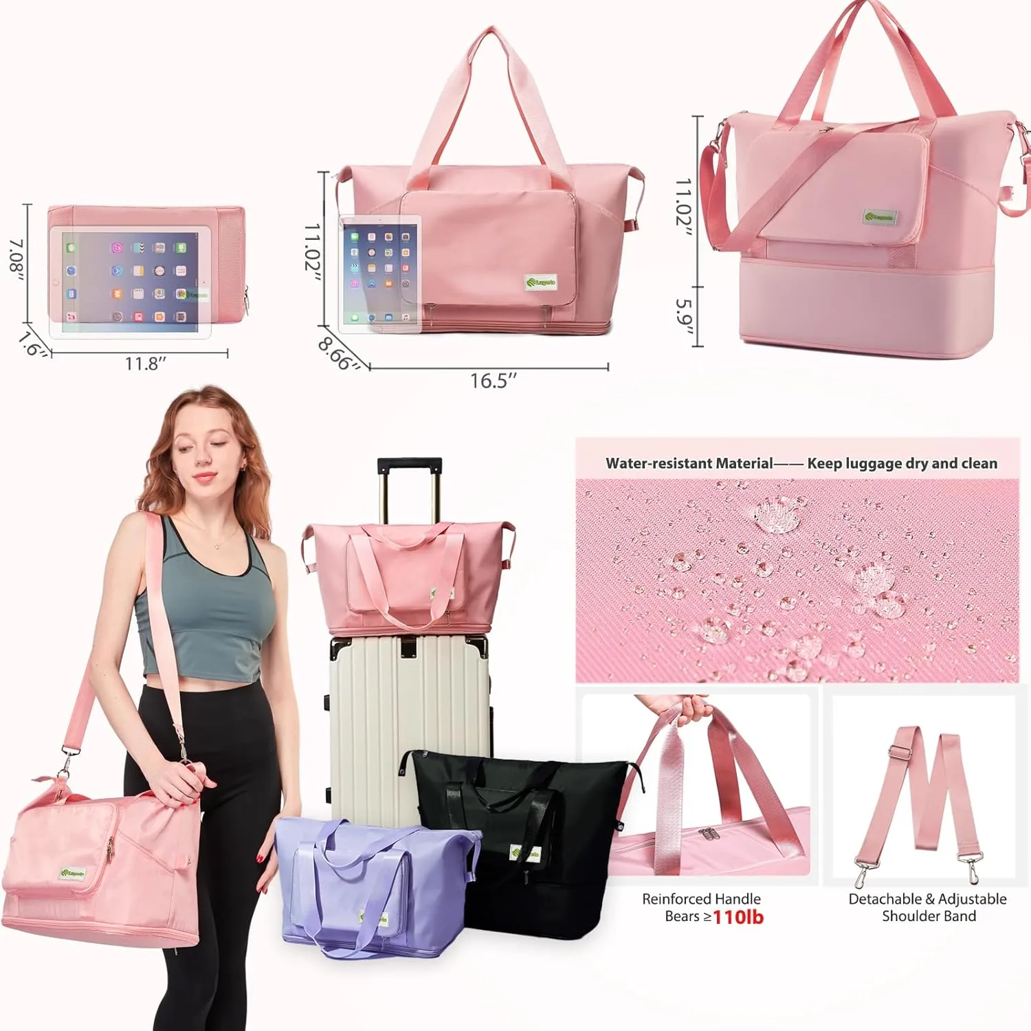 Foldable Travel Duffel Bag for Women, Water Resistant Personal Item/Carry Bag, Overnight Weekender Bag with Wet Compartment