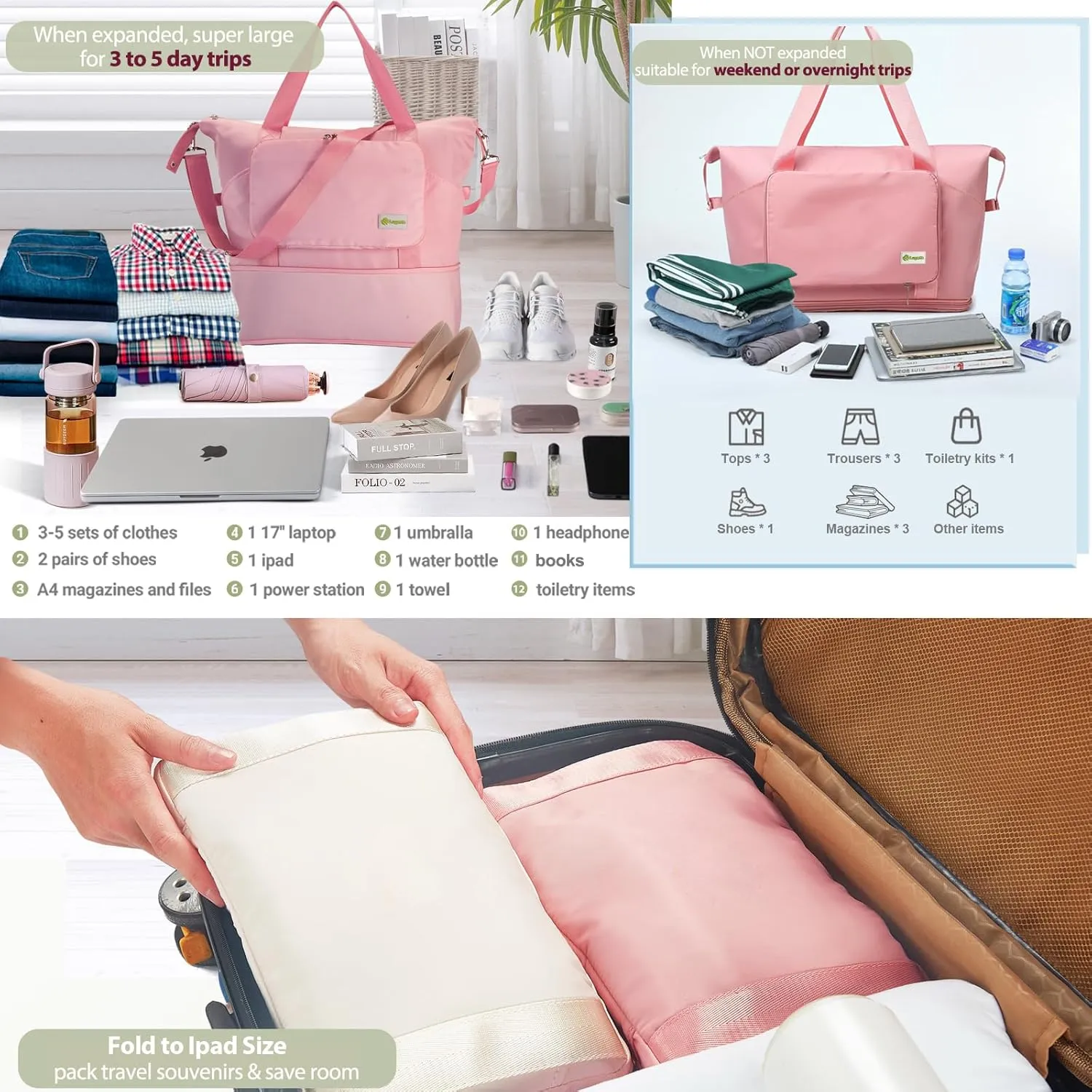 Foldable Travel Duffel Bag for Women, Water Resistant Personal Item/Carry Bag, Overnight Weekender Bag with Wet Compartment