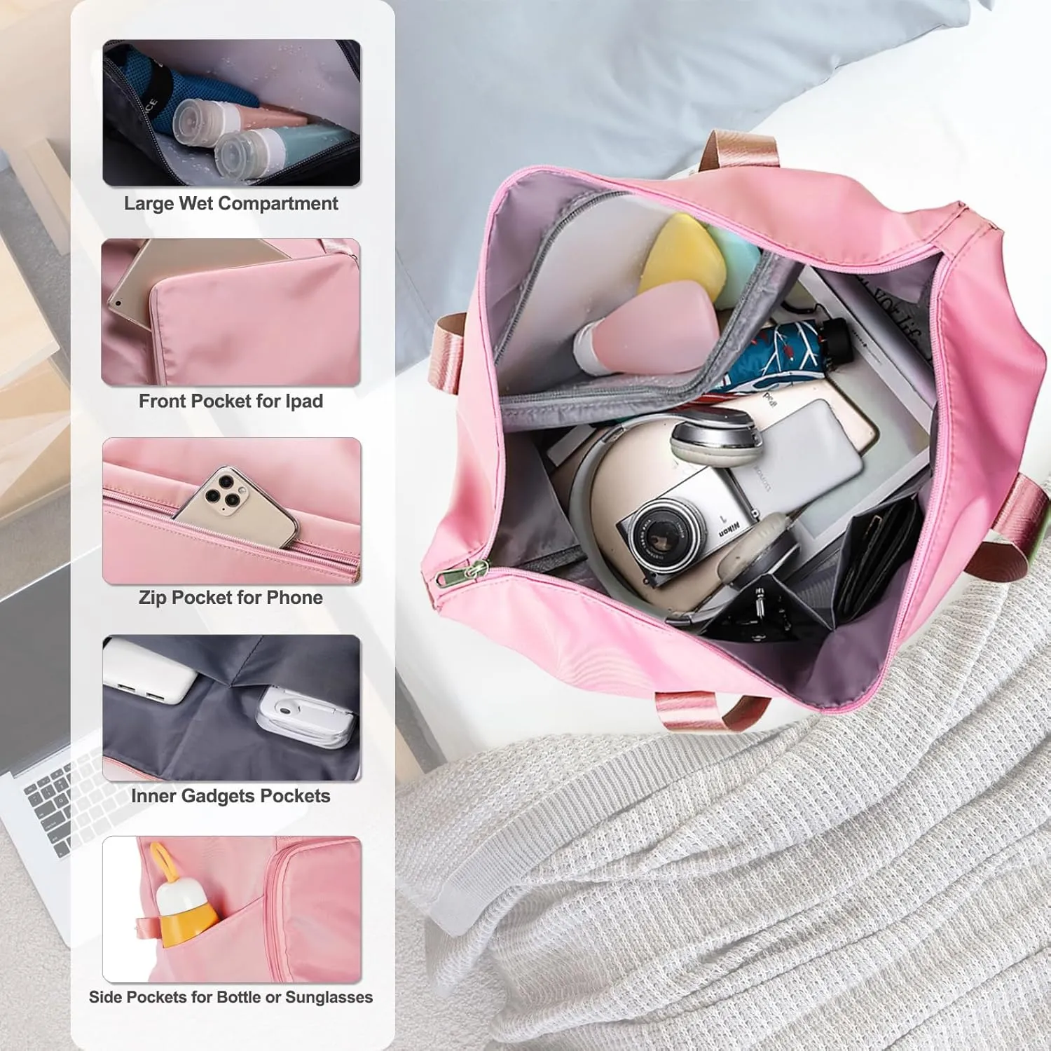 Foldable Travel Duffel Bag for Women, Water Resistant Personal Item/Carry Bag, Overnight Weekender Bag with Wet Compartment