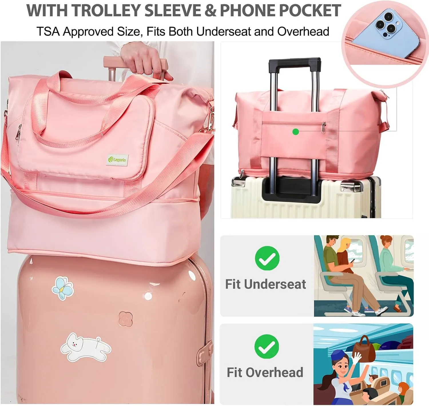 Foldable Travel Duffel Bag for Women, Water Resistant Personal Item/Carry Bag, Overnight Weekender Bag with Wet Compartment